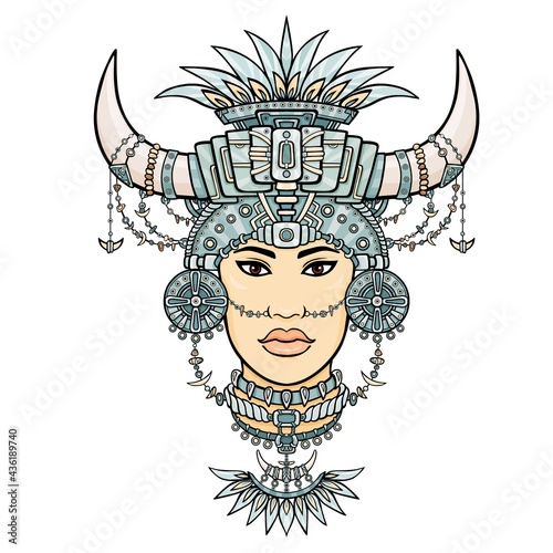 Fantastic Shaman woman in her magic clothes. The color drawing isolated on a white background. Vector illustration.