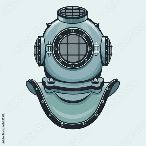 stylized animation helmet of an ancient diving armor. Isolated on a blue background. Vector illustration.