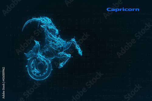 Capricorn zodiac sign white symbol on black background with stars. Abstract head of astrological sign capricorn photo