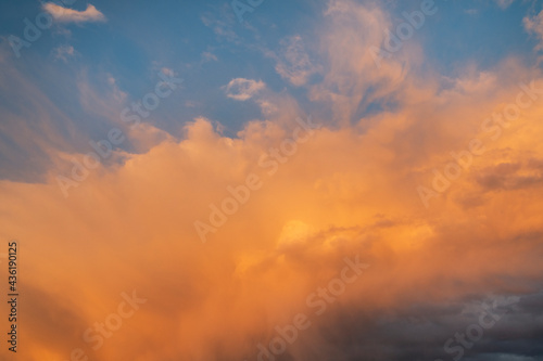 Beautiful sky with colorful dramatic clouds after sunset. Sky nature background.