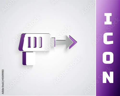 Paper cut Fishing harpoon icon isolated on grey background. Fishery manufacturers for catching fish under water. Diving underwater equipment. Paper art style. Vector