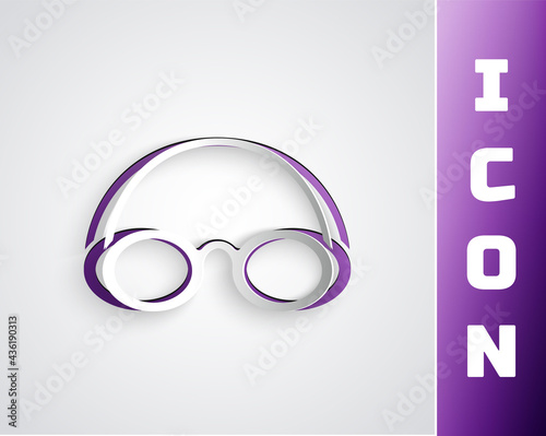 Paper cut Glasses and cap for swimming icon isolated on grey background. Swimming cap and goggles. Diving underwater equipment. Paper art style. Vector