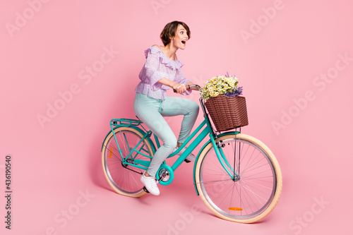 Fototapeta Naklejka Na Ścianę i Meble -  Full size profile side photo of young attractive happy excited crazy girl riding bicycle fast isolated on pink color background