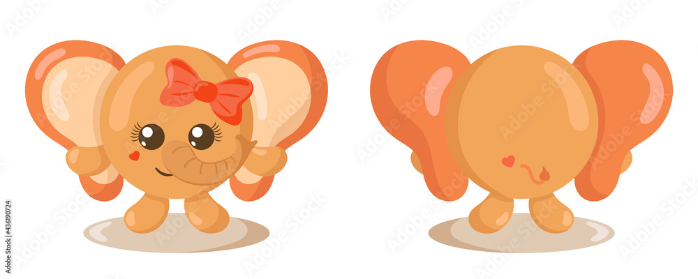 Funny cute kawaii elephant with round body in flat design with shadows, front and back. Isolated animal vector illustration	