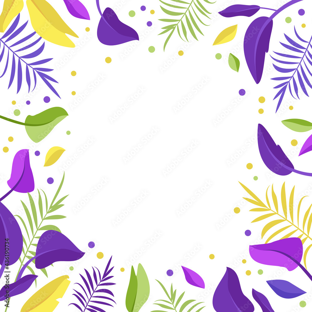 Palm leaf banner. Frame of bright purple, yellow and green exotic leaves. Summer festive decorations for the holiday, postcard, poster and design, offer or sales