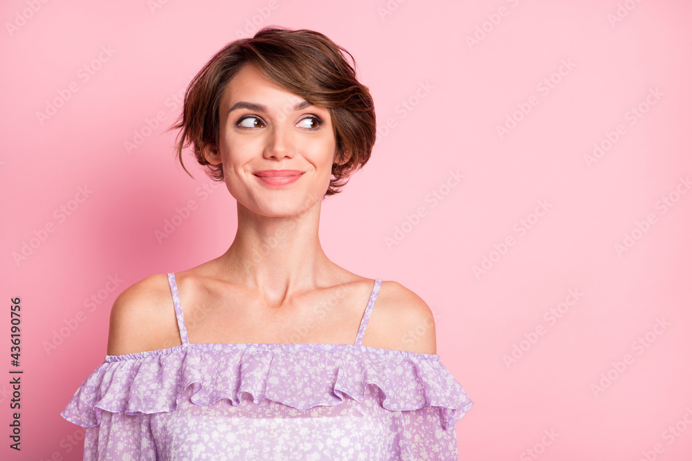 Portrait of young attractive beautiful happy positive smiling dreamy girl look copyspace isolated on pink color background Portrait of young attractive beautiful happy positive smiling dreamy girl look copyspace isolated on pink color background