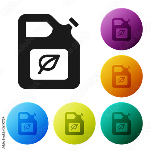 Black Bio fuel canister icon isolated on white background. Eco bio and barrel. Green environment and recycle. Set icons in color circle buttons. Vector
