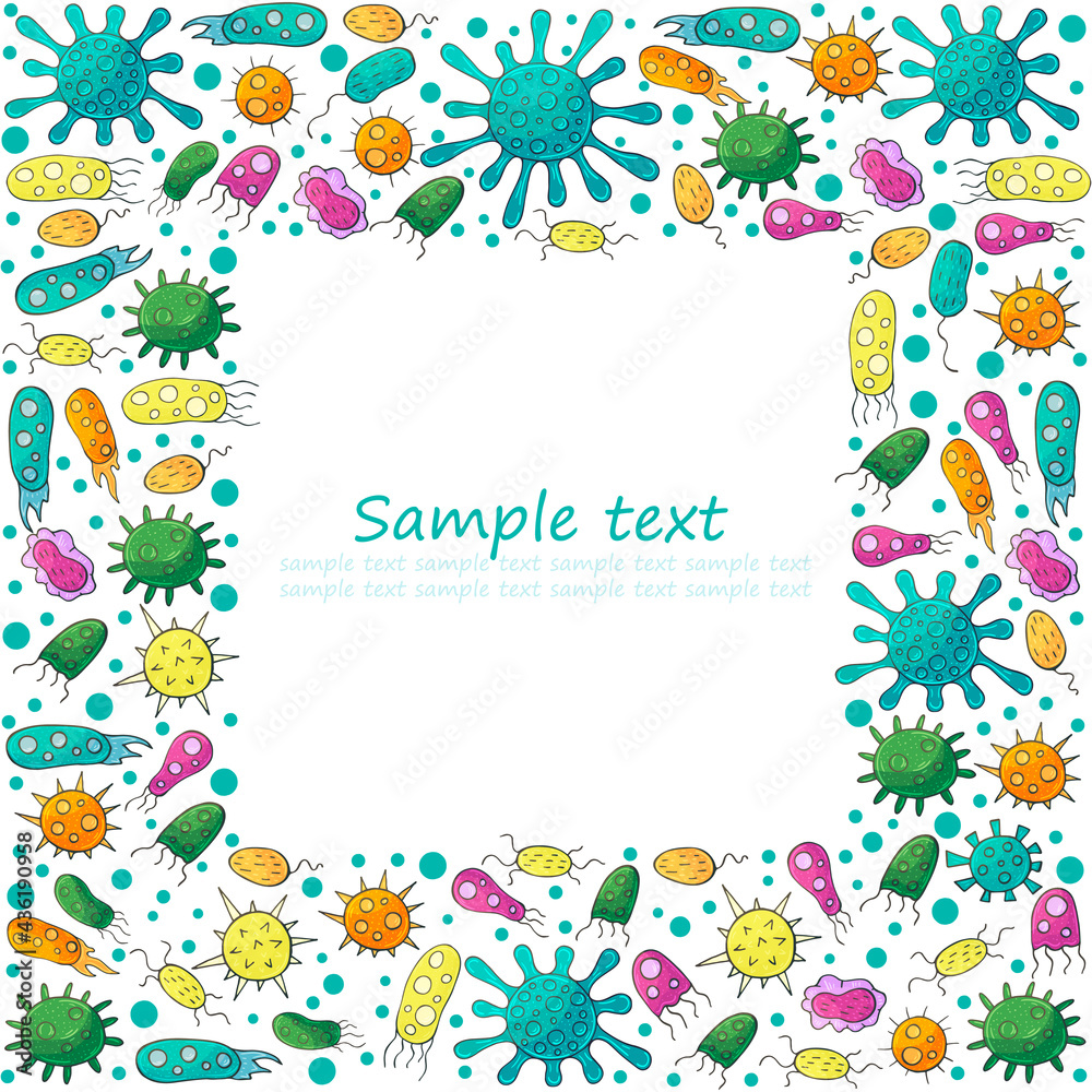 Square frame made of vector elements. Set of cartoon microbes in hand draw style. Coronavirus, viruses