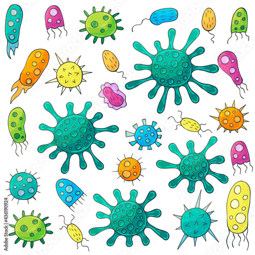 Vector set of design elements. Set of cartoon microbes in hand draw style. Coronavirus, viruses