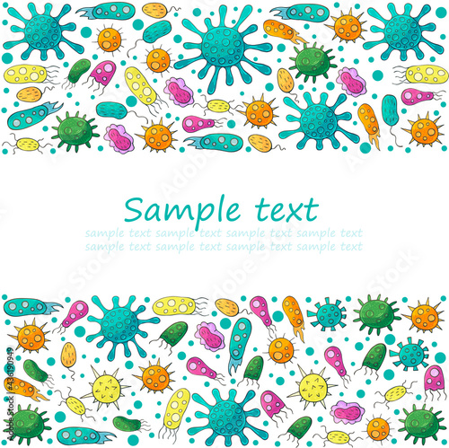 Vector rectangular frame. Set of cartoon microbes in hand draw style. Coronavirus, viruses, bacteria