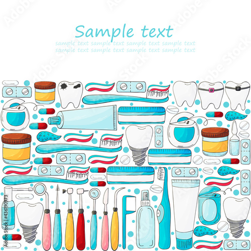 Square flyer, banner, text. Set of elements for the care of the oral cavity in hand draw style. Teeth cleaning
