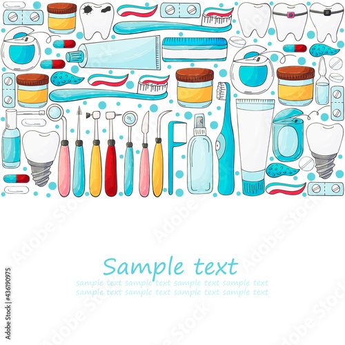 Square flyer, banner, text. Set of elements for the care of the oral cavity in hand draw style. Teeth cleaning