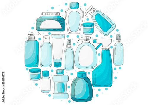 Round vector set of elements. Set of bathroom elements in hand draw style. Collection of cans, packages
