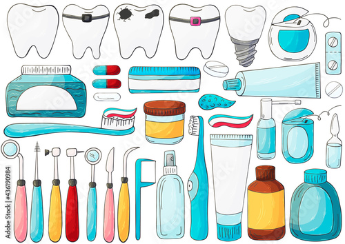 Set of elements for the care of the oral cavity in hand draw style. Teeth cleaning, dental health