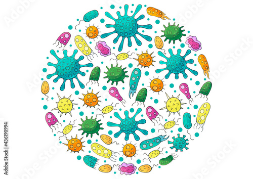 Round vector set of design elements. Set of cartoon microbes in hand draw style. Coronavirus, viruses
