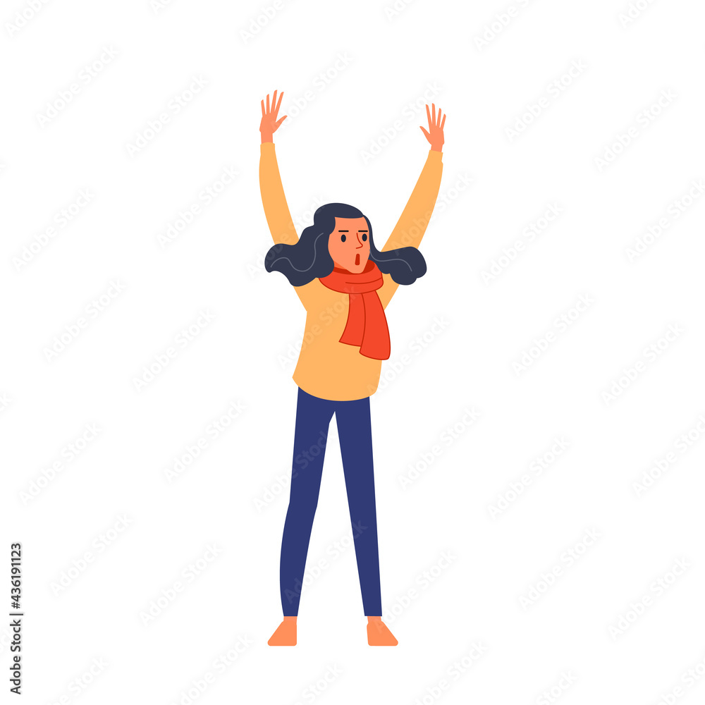 Young woman raises her hands and shouts in a women's march. Supporting the protests against the background of discontented people protesting. Flat character vector illustration isolated
