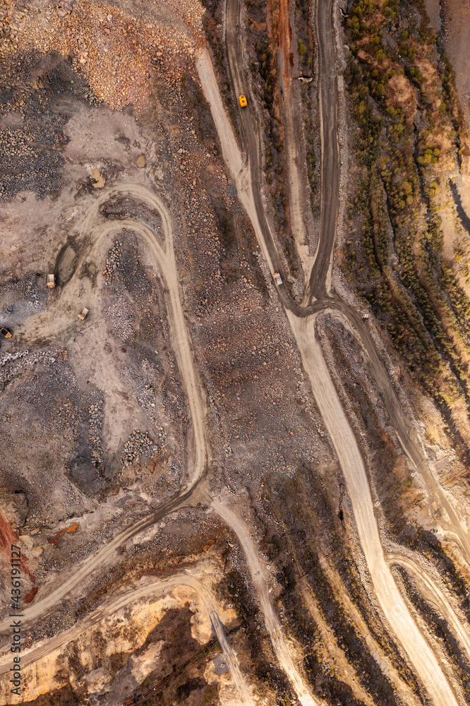 Obraz premium Roads in granite quarry from a drone