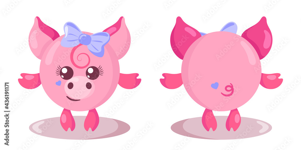Funny cute kawaii pig with round body in flat design with shadows, front and back. Isolated animal vector illustration Funny cute kawaii pig with round body in flat design with shadows, front and back. Isolated animal vector illustration