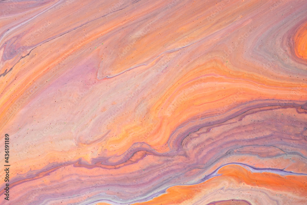 Abstract fluid art background light orange and purple colors. Liquid marble. Acrylic painting with coral gradient.