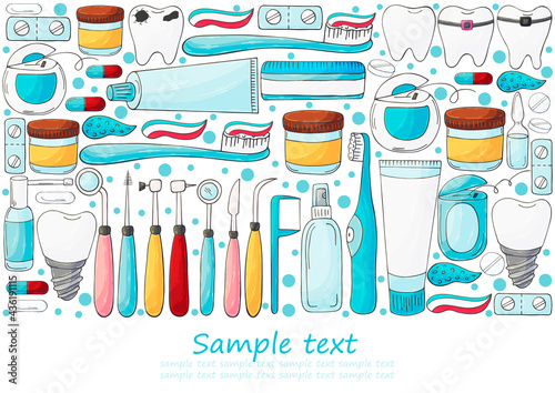 Rectangular flyer, banner, text. Set of elements for the care of the oral cavity in hand draw style. Teeth