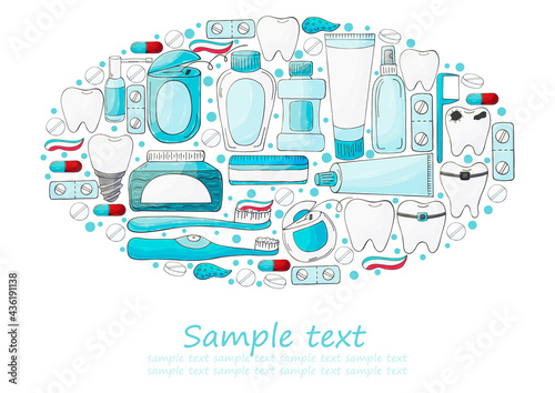 Oval set of design elements, text. Set of elements. Teeth cleaning, dental health. Teeth, brush, paste, rinse