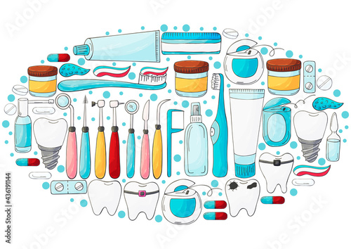 Oval collection of vector illustrations. Set of elements. Teeth cleaning, dental health, dental instruments