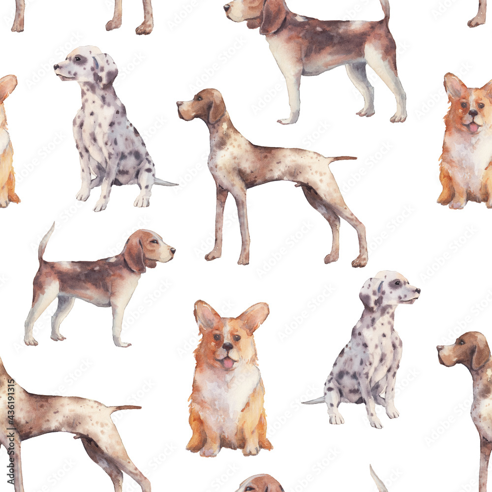 Naklejka premium Dogs seamless pattern. Watercolor cute pet texture. Repeating wallpaper design