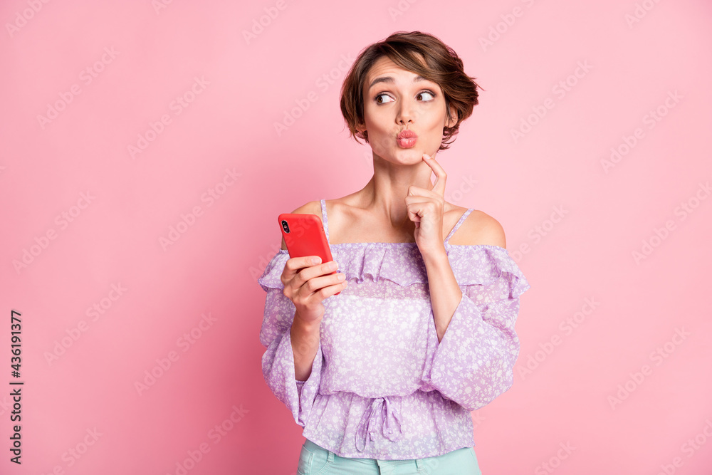 Photo of young pretty charming lovely girl look copyspace pout lips thinking about new post isolated on pink color background Photo of young pretty charming lovely girl look copyspace pout lips thinking about new post isolated on pink color background