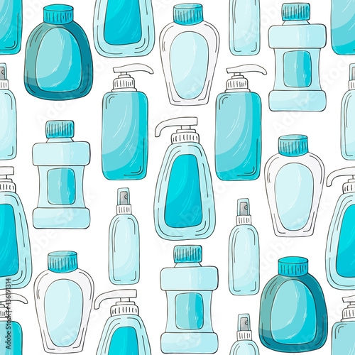 Seamless pattern. Set of bathroom elements in hand draw style. Collection of packages, tubes. Antiseptic, toothpaste