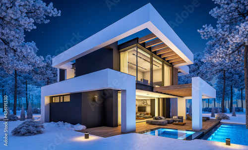 3d rendering of modern cozy house with pool and parking for sale or rent in luxurious style and beautiful landscaping on background. Cool winter night with stars in sky.