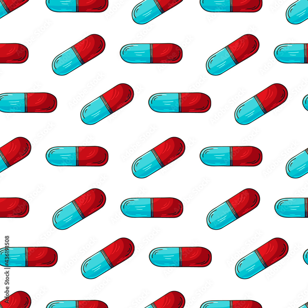 Cartoon medical drugs in hand draw style. Seamless pattern on a white background. Background for packaging, advertising of tablets Cartoon medical drugs in hand draw style. Seamless pattern on a white background. Background for packaging, advertising of tablets