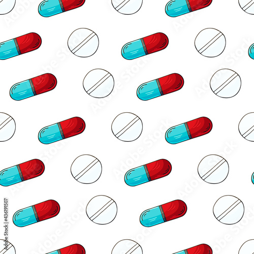 Cartoon medical drugs in hand draw style. Seamless pattern on a white background. Background for packaging, advertising of tablets, capsules