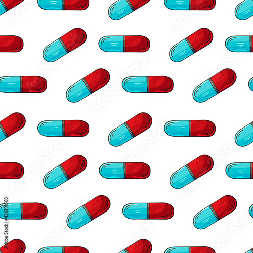 Cartoon medical drugs in hand draw style. Seamless pattern on a white background. Background for packaging, advertising of tablets