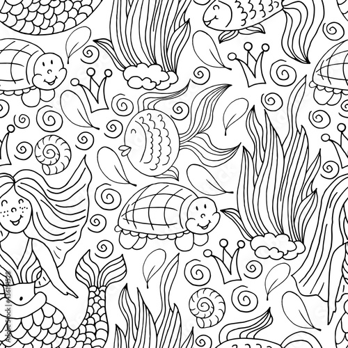 Vector Seamless pattern in hand draw style. Liner illustration. Pattern  background. Mermaid  turtles  seaweed