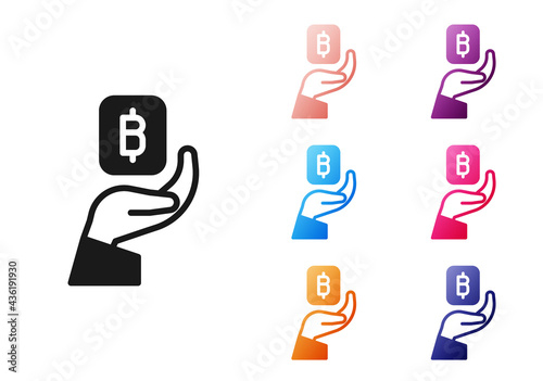 Black Hand holding Bitcoin icon isolated on white background. Blockchain technology, digital money market, cryptocoin wallet. Set icons colorful. Vector