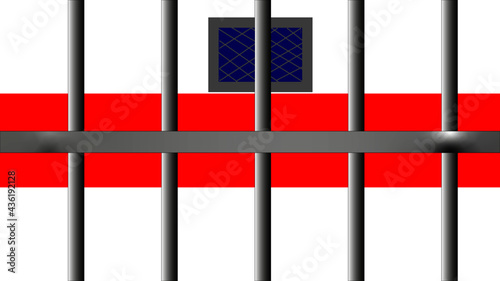 Flaga będąca symbolem białoruskiej opozycji za kratami więziennej celi.