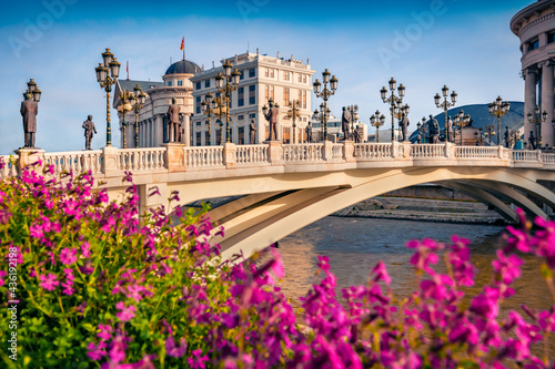 Blooming violet flowers on the shore of Vardar river. Splendid spring cityscape of capital of North Macedonia - Skopje with Archaeological Museum. Colorful view of Art Bridge.