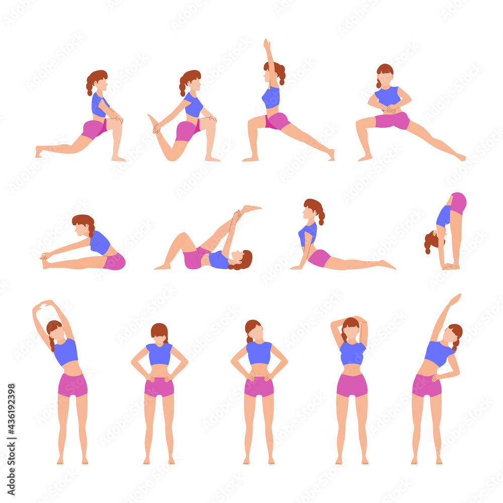 Stretching exercises. The girl does gymnastics. Vector set of girls in different gymnastic poses in a flat cartoon style is isolated on a white background. Physical education at home