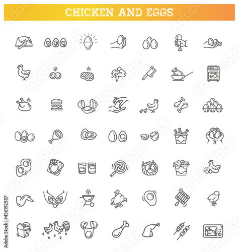 Chicken Meat. Thin Line Icons. Eggs icons set,Vector outline illustration. Broken eggs