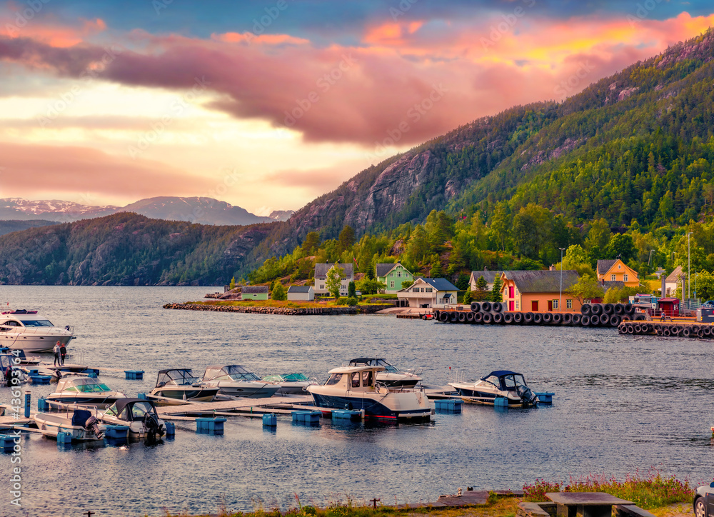 Splendid summer sunset in Jondal village, Hordaland county, Norway. Wonderful morning scene of Hardangerfjorden fjord. Traveling concept background.