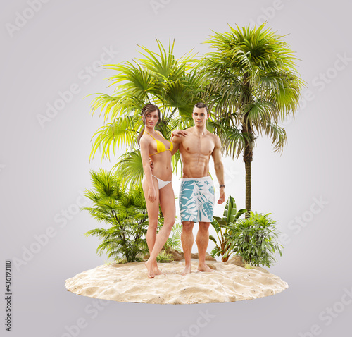 Unusual 3d illustration of a beautiful couple resting on a tropical island at...