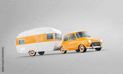 Retro car with white trailer. Unusual 3d illustration of a classic caravan.