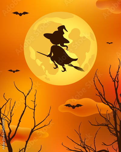 Witch flying on broomstick on moon background. Vector illustration.
