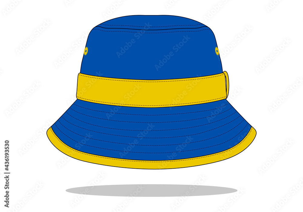 Two Tone Bucket Hat Blue-Yellow, Edge Brim Design Vector On White Background. Two Tone Bucket Hat Blue-Yellow, Edge Brim Design Vector On White Background.