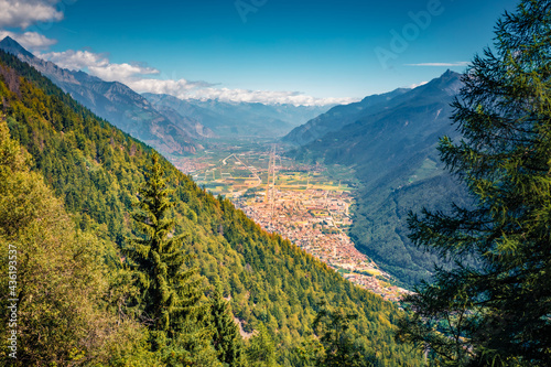 Aerial summer view of Martigny town. Sunny morning scene of Swiss Alps, canton of Valais in Switzerland, Europe. Traveling concept background..