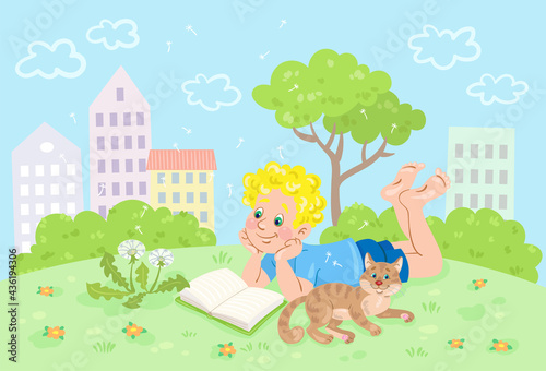 Little boy reads a book lying in a city park with a funny cat. In cartoon style. Vector flat illustration.