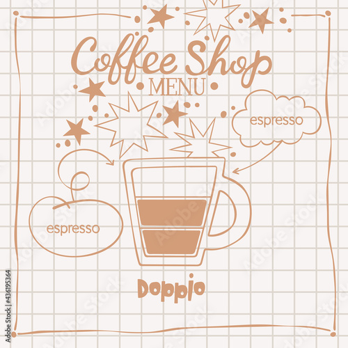 Doppio. Coffee shop menu. Coffee cup. Lettering. Coffee drink recipe. Isolated vector object. Beige and brown. Checkered background.