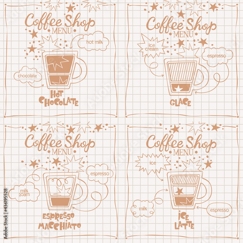 Espresso Macchiato. Hot Chocolate. Glace. Ice latte. Coffee shop menu. Set. Coffee cup. Lettering. Coffee drink recipe. Isolated vector object. Beige and brown. Checkered background.