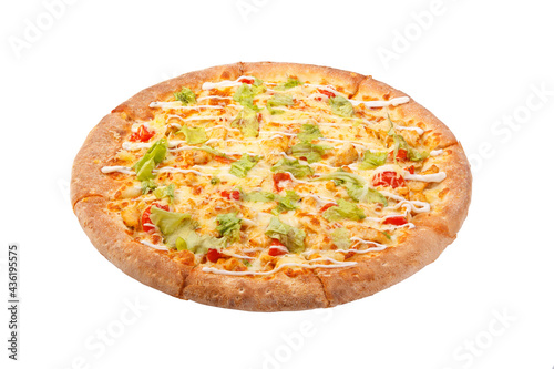 Pizza with Chicken Breast, Pineapple and Mozzarella Cheese. Isolated on white background.