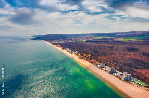 Aerial spring view of Albena Beach. Picturesque morning scene of Bulgaria, Europe. Sunny seascape of Black sea. Traveling concept background.